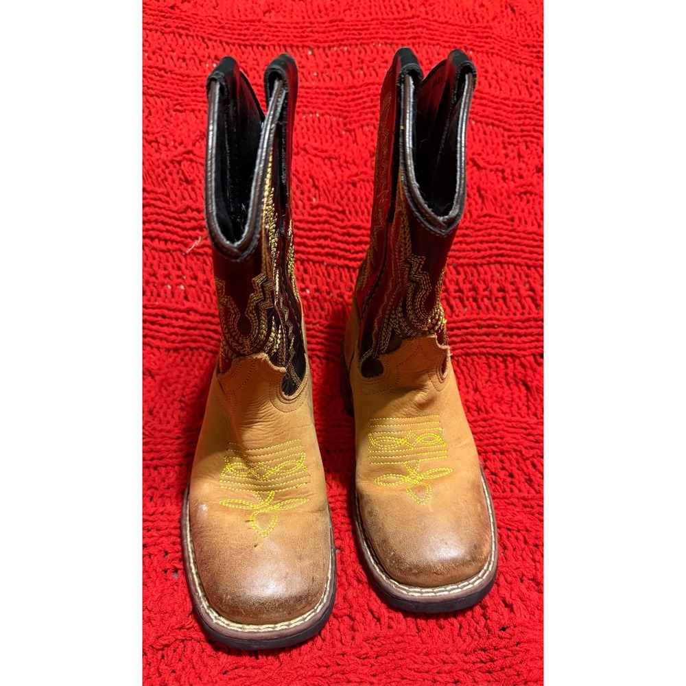 JB Dillon Kids Leather Western Cowboy Boots Tan Black Square Toe JBCE2000C 11.5